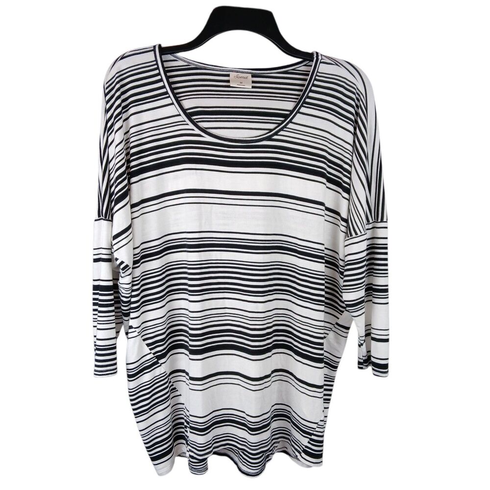 Soma Soft Oversized Pullover Sz Med Black White Stripe Dolman 3/4 Sleeves Boxy